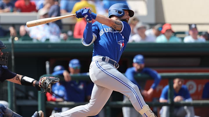 Mar 4, 2023; Lakeland, Florida, USA; Toronto Blue Jays outfielder Nathan Lukes (38) singles against