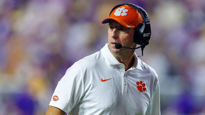 Clemson Tigers head coach Dabo Swinney looks on against the LSU Tigers during the second half at Tiger Stadium.