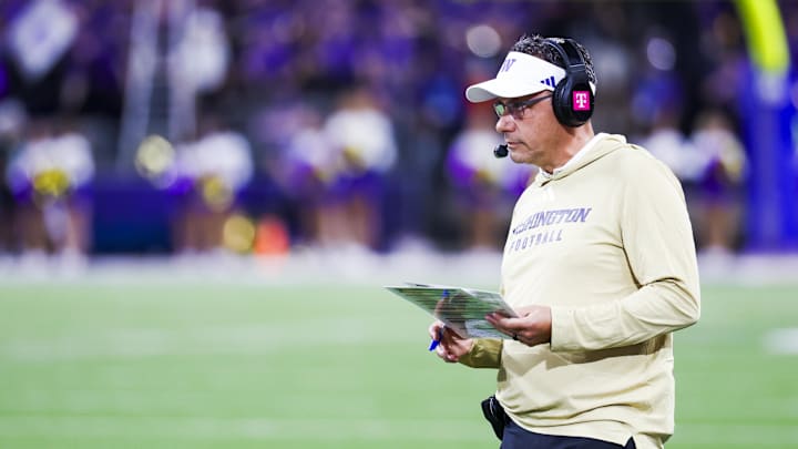 Aug 30, 2025; Seattle, Washington, USA; Washington Huskies head coach Jedd Fisch stands on the sideline during the second quarter against the Colorado State Rams at Husky Stadium. Mandatory Credit: Joe Nicholson-Imagn Images