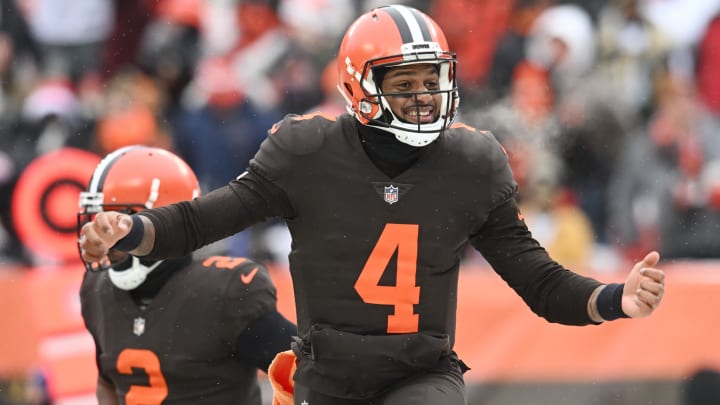 Dec 24, 2022; Cleveland, Ohio, USA; Cleveland Browns quarterback Deshaun Watson (4) celebrates after scoring a touchdown during the first half against the New Orleans Saints at FirstEnergy Stadium. Dec 24, 2022; Cleveland, Ohio, USA; Cleveland Browns quarterback Deshaun Watson (4) celebrates after scoring a touchdown during the first half against the New Orleans Saints at FirstEnergy Stadium.