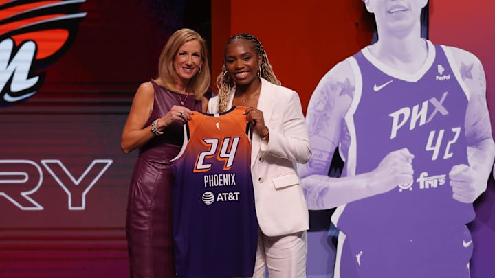 Apr 15, 2024; Brooklyn, NY, USA; Charisma Osborne poses with WNBA commissioner Cathy Engelbert after being selected with the number twenty-five overall pick to the Phoenix Mercury in the 2024 WNBA Draft at Brooklyn Academy of Music. Mandatory Credit: Brad Penner-Imagn Images