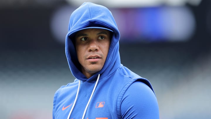 Apr 22, 2026; New York City, New York, USA; New York Mets designated hitter Juan Soto (22) during warmups before a game against the Minnesota Twins at Citi Field. Mandatory Credit: Brad Penner-Imagn Images