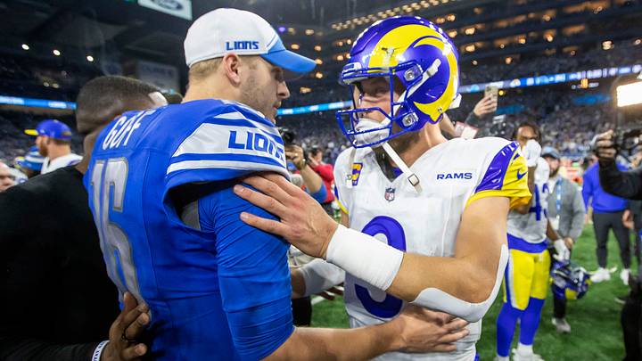 Jan 14, 2024; Detroit, Michigan, USA; Detroit Lions quarterback Jared Goff (16) and Los Angeles Rams quarterback Matthew Stafford (9) greet each other after a 2024 NFC wild card game at Ford Field. Mandatory Credit: David Reginek-USA TODAY Sports