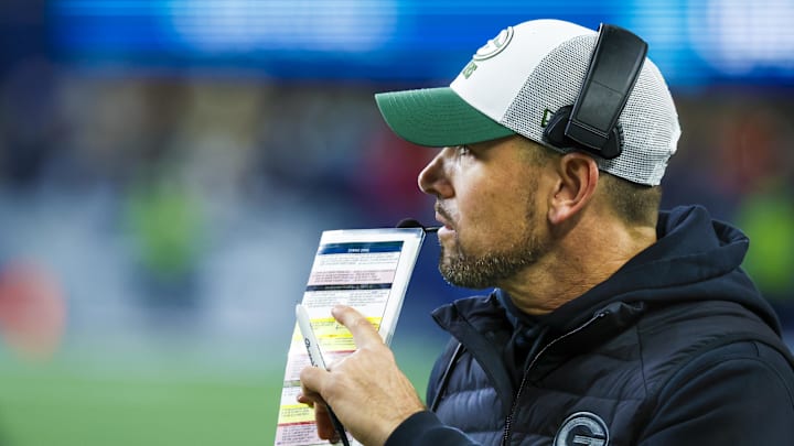 Dec 15, 2024; Seattle, Washington, USA; Green Bay Packers head coach Matt LaFleur stands on the sideline during the fourth quarter at Lumen Field. Mandatory Credit: Joe Nicholson-Imagn Images