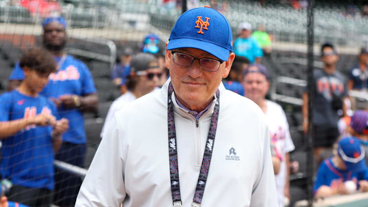 Sep 30, 2024; Atlanta, Georgia, USA; New York Mets owner Steve Cohen on the field before a game against the Atlanta Braves at Truist Park.