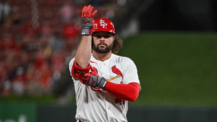Sep 14, 2026; St. Louis, Missouri, USA; St. Louis Cardinals first baseman Alec Burleson (41) reacts after hitting a one run single against the San Francisco Giants during the fifth inning at Busch Stadium. Mandatory Credit: Jeff Curry-Imagn Images Sep 14, 2026; St. Louis, Missouri, USA; St. Louis Cardinals first baseman Alec Burleson (41) reacts after hitting a one run single against the San Francisco Giants during the fifth inning at Busch Stadium. Mandatory Credit: Jeff Curry-Imagn Images