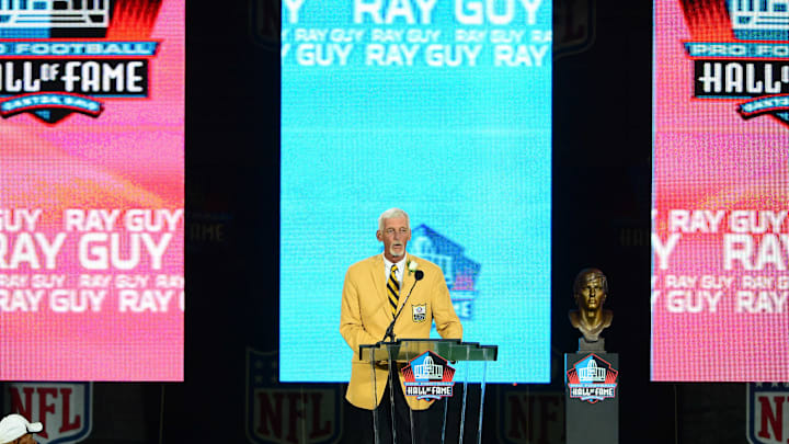 Aug 2, 2014; Canton, OH, USA; Oakland Raiders former punter Ray Guy during his induction speech during the 2014 Pro Football Hall of Fame Enshrinement at Fawcett Stadium. Mandatory Credit: Andrew Weber-Imagn Images