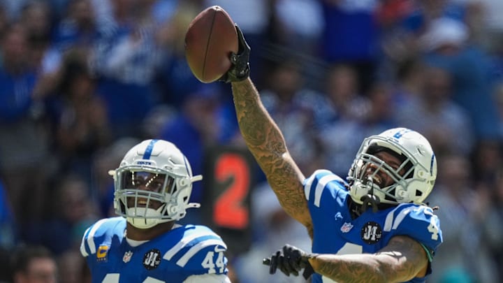 Indianapolis Colts cornerback Xavien Howard (4) celebrates a fumble and a turnover Sunday, Sept. 7, 2025, during the game at Lucas Oil Stadium in Indianapolis.