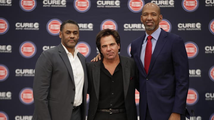 Jun 13, 2023; Detroit, MI, USA; Detroit Pistons owner Tom Gores, general manager Troy Weaver, and Jun 13, 2023; Detroit, MI, USA; Detroit Pistons owner Tom Gores, general manager Troy Weaver, and