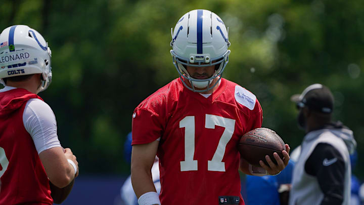 Indianapolis Colts quarterback Daniel Jones (17) walks up the field Tuesday, June 10, 2025, during NFL Colts mandatory mini camp at the Indiana Farm Bureau Football Center in Indianapolis. Indianapolis Colts quarterback Daniel Jones (17) walks up the field Tuesday, June 10, 2025, during NFL Colts mandatory mini camp at the Indiana Farm Bureau Football Center in Indianapolis.