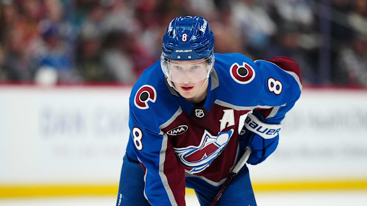 Apr 8, 2025; Denver, Colorado, USA; Colorado Avalanche defenseman Cale Makar (8) during the second period against the Vegas Golden Knights at Ball Arena. Mandatory Credit: Ron Chenoy-Imagn Images