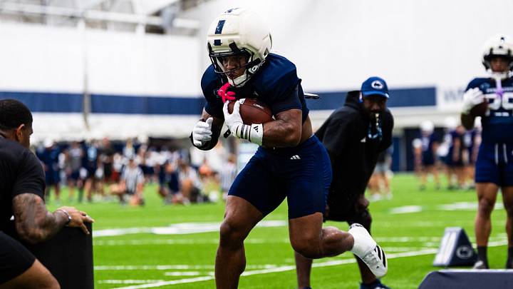 Penn State running back James Peoples runs through a drill during a practice session inside Holuba Hall on Monday, August 10, 2026, in State College.