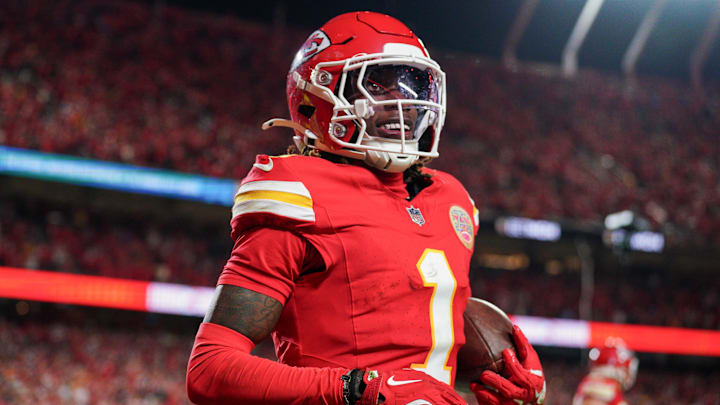 Oct 7, 2024; Kansas City, Missouri, USA; Kansas City Chiefs wide receiver Xavier Worthy (1) celebrates after scoring a touchdown against the New Orleans Saints during the second half at GEHA Field at Arrowhead Stadium. Mandatory Credit: Denny Medley-Imagn Images