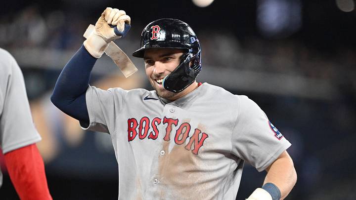 Apr 27, 2026; Toronto, Ontario, CAN;  Boston Red Sox thrid baseman Caleb Durbin (5) reacts after hitting an RBI single against the Toronto Blue Jays in the sixth inning at Rogers Centre. Mandatory Credit: Dan Hamilton-Imagn Images