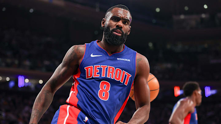Dec 7, 2024; New York, New York, USA; Detroit Pistons forward Tim Hardaway Jr. (8) reacts after  dunk New York Knicks during the first half at Madison Square Garden. Mandatory Credit: Vincent Carchietta-Imagn Images