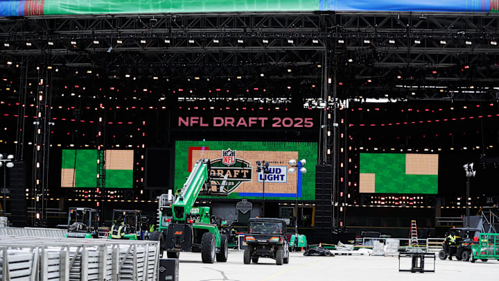 Construction of the 2025 NFL Draft stage continues on April 21, 2025, outside Lambeau Field in Green Bay, Wis. Construction of the 2025 NFL Draft stage continues on April 21, 2025, outside Lambeau Field in Green Bay, Wis.