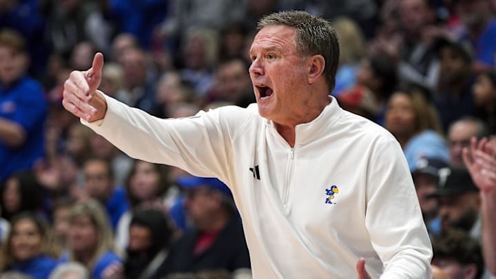 Dec 31, 2024; Lawrence, Kansas, USA; Kansas Jayhawks head coach Bill Self reacts during the second half against the West Virginia Mountaineers at Allen Fieldhouse. Mandatory Credit: Jay Biggerstaff-Imagn Images Dec 31, 2024; Lawrence, Kansas, USA; Kansas Jayhawks head coach Bill Self reacts during the second half against the West Virginia Mountaineers at Allen Fieldhouse. Mandatory Credit: Jay Biggerstaff-Imagn Images