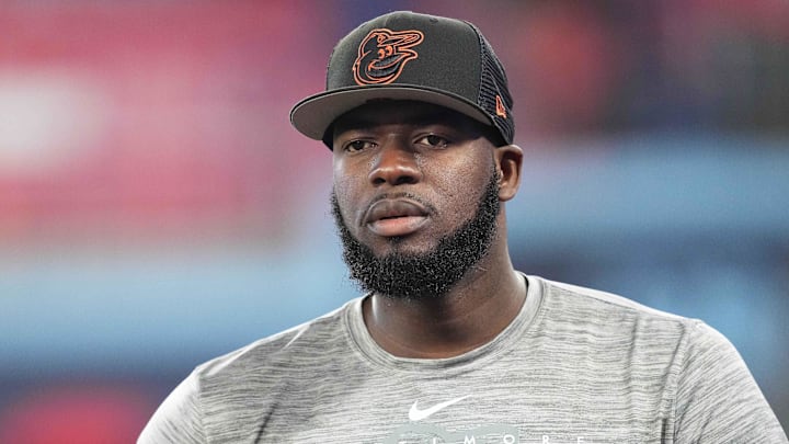 Jul 31, 2023; Toronto, Ontario, CAN; Baltimore Orioles relief pitcher Felix Bautista (74) walks towards the dugout during batting practice before a game against the Toronto Blue Jays at Rogers Centre