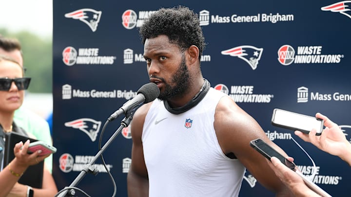 Jul 27, 2023; Foxborough, MA, USA; New England Patriots wide receiver JuJu Smith-Schuster (7) holds