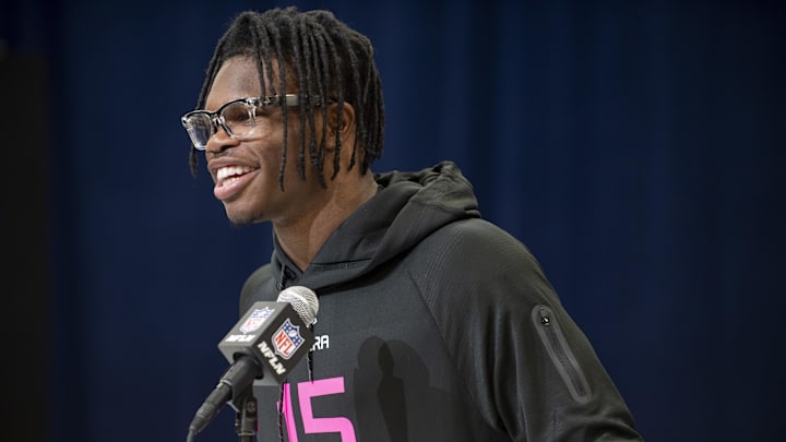 Feb 27, 2025; Indianapolis, IN, USA; Colorado defensive back Travis Hunter (DB15) during the 2025 NFL Combine at Lucas Oil Stadium.