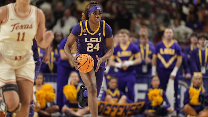 Mar 8, 2025; Greenville, SC, USA; LSU Lady Tigers guard Aneesah Morrow (24) brings the ball up court against the Texas Longhorns during the first half at Bon Secours Wellness Arena. Mandatory Credit: Jim Dedmon-Imagn Images Mar 8, 2025; Greenville, SC, USA; LSU Lady Tigers guard Aneesah Morrow (24) brings the ball up court against the Texas Longhorns during the first half at Bon Secours Wellness Arena. Mandatory Credit: Jim Dedmon-Imagn Images