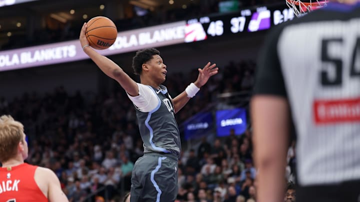 Mar 23, 2026; Salt Lake City, Utah, USA;  Utah Jazz forward Ace Bailey (19) dunks the ball against the Toronto Raptors during the second quarter at Delta Center. Mandatory Credit: Chris Nicoll-Imagn Images