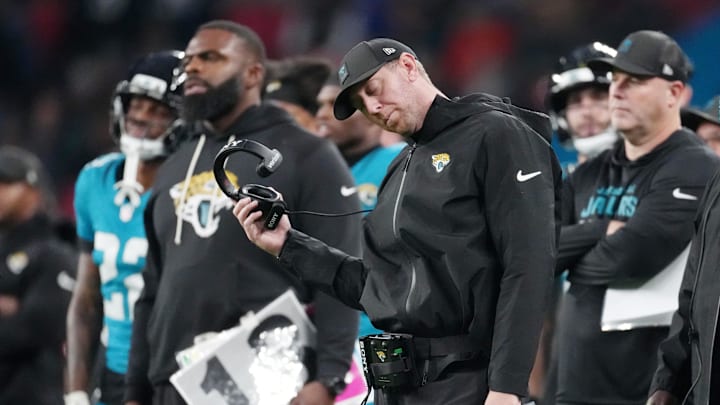 Oct 19, 2025; London, United Kingdom; Jacksonville Jaguars head coach Liam Coen reacts after a play against the Los Angeles Rams during the second half of an NFL International Series game at Wembley Stadium. Mandatory Credit: Kirby Lee-Imagn Images