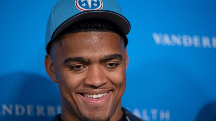 Tennessee Titans first round draft pick edge Keldric Faulk, 31st pick overall, stands for portraits at Vanderbilt Health Football Center Friday, April 24, 2026.