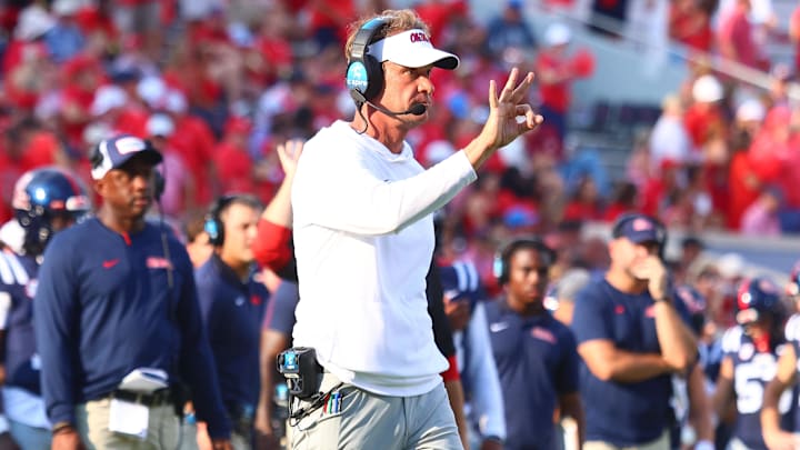 Sep 20, 2025; Oxford, Mississippi, USA; Mississippi Rebels head coach Lane Kiffin reacts during the fourth quarter against the Tulane Green Wave at Vaught-Hemingway Stadium. Mandatory Credit: Petre Thomas-Imagn Images Sep 20, 2025; Oxford, Mississippi, USA; Mississippi Rebels head coach Lane Kiffin reacts during the fourth quarter against the Tulane Green Wave at Vaught-Hemingway Stadium. Mandatory Credit: Petre Thomas-Imagn Images