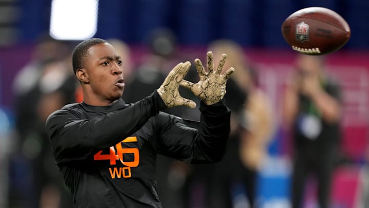 Mar 1, 2025; Indianapolis, IN, USA; Colorado wideout Lajohntay Wester (WO46) during the 2025 NFL Combine at Lucas Oil Stadium. Mar 1, 2025; Indianapolis, IN, USA; Colorado wideout Lajohntay Wester (WO46) during the 2025 NFL Combine at Lucas Oil Stadium.