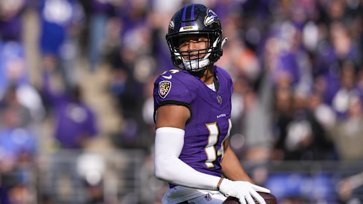 Nov 12, 2023; Baltimore, Maryland, USA;  Baltimore Ravens safety Kyle Hamilton (14) celebrates after