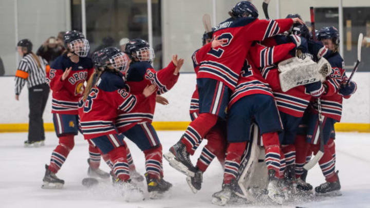 Orono girls hockey celebrates winning a section tournament in 2023. Orono girls hockey celebrates winning a section tournament in 2023.