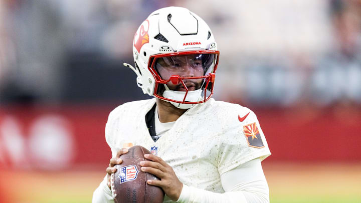 Sep 25, 2025; Glendale, Arizona, USA; Arizona Cardinals quarterback Kyler Murray (1) against the Seattle Seahawks at State Farm Stadium. Mandatory Credit: Mark J. Rebilas-Imagn Images