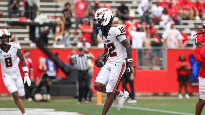 Sep 5, 2026; Houston, Texas, USA; Oregon State Beavers wide receiver Jesse Legree (12) scores a touchdown during the third quarter against the Houston Cougars at TDECU Stadium. Mandatory Credit: Troy Taormina-Imagn Images Sep 5, 2026; Houston, Texas, USA; Oregon State Beavers wide receiver Jesse Legree (12) scores a touchdown during the third quarter against the Houston Cougars at TDECU Stadium. Mandatory Credit: Troy Taormina-Imagn Images