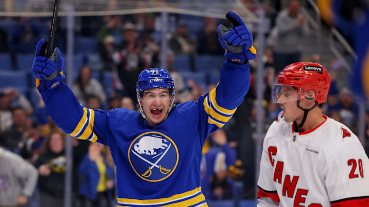 Jan 15, 2025; Buffalo, New York, USA;  Buffalo Sabres center Ryan McLeod (71) reacts after scoring his second goal of the game during the second period against the Carolina Hurricanes at KeyBank Center. Mandatory Credit: Timothy T. Ludwig-Imagn Images