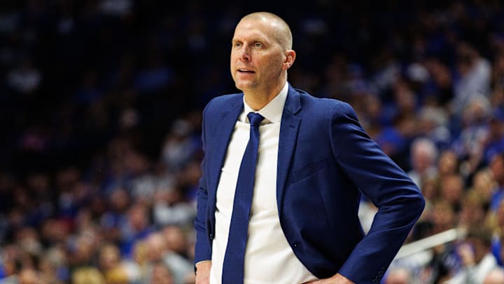 Nov 9, 2024; Lexington, Kentucky, USA; Kentucky Wildcats head coach Mark Pope looks on during the second half against the Bucknell Bison at Rupp Arena at Central Bank Center. Mandatory Credit: Jordan Prather-Imagn Images