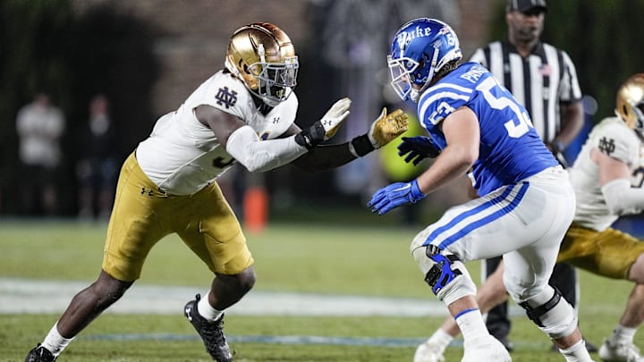 Sep 30, 2023; Durham, North Carolina, USA; Notre Dame Fighting Irish defensive lineman Nana Osafo-Mensah (31) against Duke Blue Devils offensive lineman Brian Parker II (53).