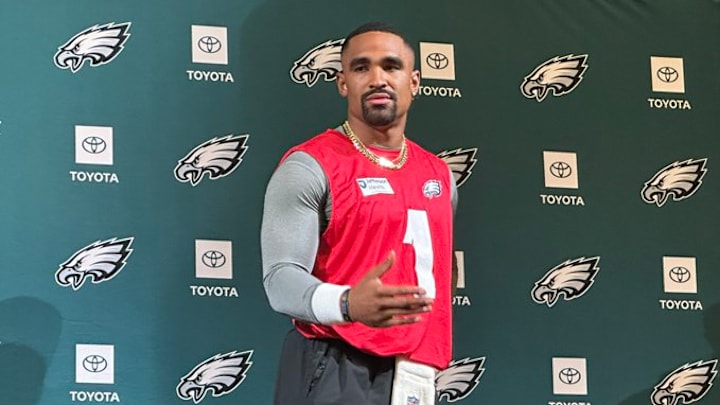Eagles QB Jalen Hurts speaks with reporters on May 20, 2025. Eagles QB Jalen Hurts speaks with reporters on May 20, 2025.