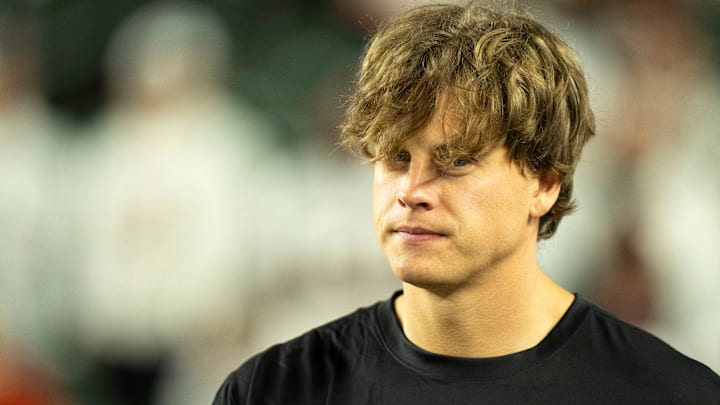 Cincinnati Bengals quarterback Joe Burrow (9) walks onto the field