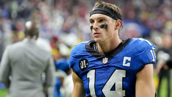 Indianapolis Colts wide receiver Alec Pierce (14) leaves the field Monday, Dec. 22, 2025, after losing a game against the San Francisco 49ers at Lucas Oil Stadium in Indianapolis.
