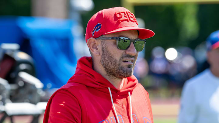 Jul 23, 2025; Rochester, NY, USA; Buffalo Bills defensive coordinator Bobby Babich on the field during training camp at St. John Fisher University. Mandatory Credit: Mark Konezny-Imagn Images