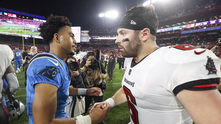 Dec 3, 2023; Tampa, Florida, USA; Tampa Bay Buccaneers quarterback Baker Mayfield (6) greats Carolina Panthers quarterback Bryce Young (9) after a game at Raymond James Stadium. Mandatory Credit: Nathan Ray Seebeck-Imagn Images Dec 3, 2023; Tampa, Florida, USA; Tampa Bay Buccaneers quarterback Baker Mayfield (6) greats Carolina Panthers quarterback Bryce Young (9) after a game at Raymond James Stadium. Mandatory Credit: Nathan Ray Seebeck-Imagn Images