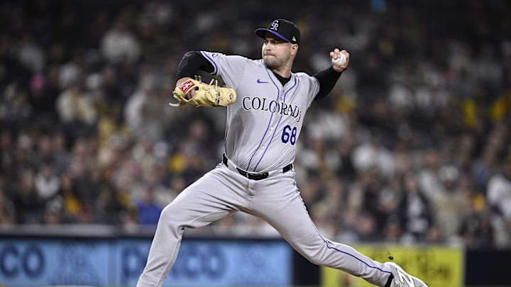 May 13, 2024; San Diego, California, USA; Colorado Rockies relief pitcher Jalen Beeks (68) throws a pitch against the San Diego Padres during the ninth inning at Petco Park. Mandatory Credit: Orlando Ramirez-USA TODAY Sports May 13, 2024; San Diego, California, USA; Colorado Rockies relief pitcher Jalen Beeks (68) throws a pitch against the San Diego Padres during the ninth inning at Petco Park. Mandatory Credit: Orlando Ramirez-USA TODAY Sports