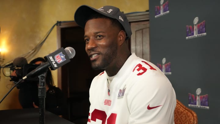 Feb 6, 2024; Las Vegas, NV, USA; San Francisco 49ers safety Tashaun Gipson Sr. (31) during a press conference before Super Bowl LVIII at the Hilton Lake Las Vegas Resort. Mandatory Credit: Kirby Lee-USA TODAY Sports Feb 6, 2024; Las Vegas, NV, USA; San Francisco 49ers safety Tashaun Gipson Sr. (31) during a press conference before Super Bowl LVIII at the Hilton Lake Las Vegas Resort. Mandatory Credit: Kirby Lee-USA TODAY Sports