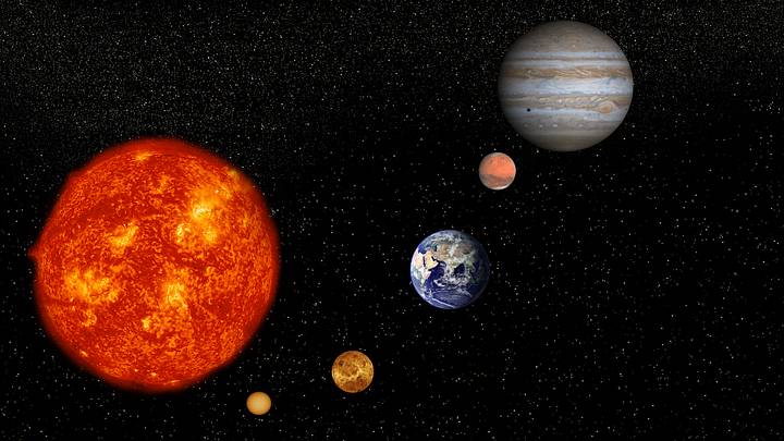 Sun, Mercury, Venus, Earth, Mars and Jupiter