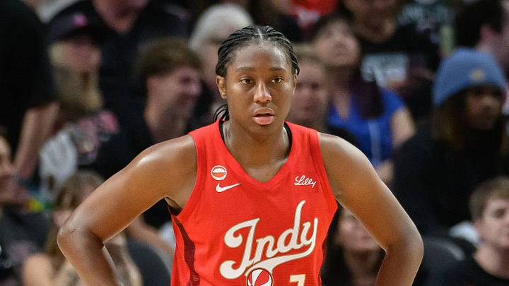 Aliyah Boston looks on during an Indiana Fever game. Aliyah Boston looks on during an Indiana Fever game.