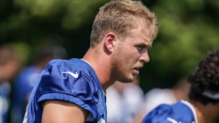 Indianapolis Colts Player Hunter Wohler (30) stretches with team mates during the Colts training camp at Grand Park on Saturday, July 26, 2025, in Westfield, Ind.