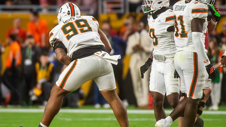 Miami's Ahmad Moten Sr. (99) celebrates a tackle during the College Football Playoff National Championship college football game. Miami's Ahmad Moten Sr. (99) celebrates a tackle during the College Football Playoff National Championship college football game.