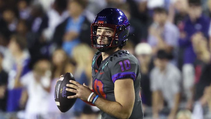 Nov 9, 2024; Fort Worth, Texas, USA;  TCU Horned Frogs quarterback Josh Hoover (10) throws during the first half against the Oklahoma State Cowboys at Amon G. Carter Stadium. Mandatory Credit: Kevin Jairaj-Imagn Images