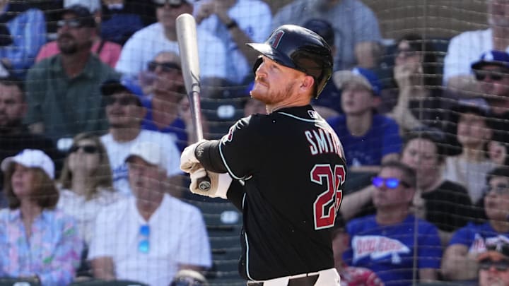 Arizona Diamondbacks' Pavin Smith (26) lined out to center against the Los Angeles Dodgers in the first inning on Feb. 25, 2026, at Salt River Fields in Scottsdale.